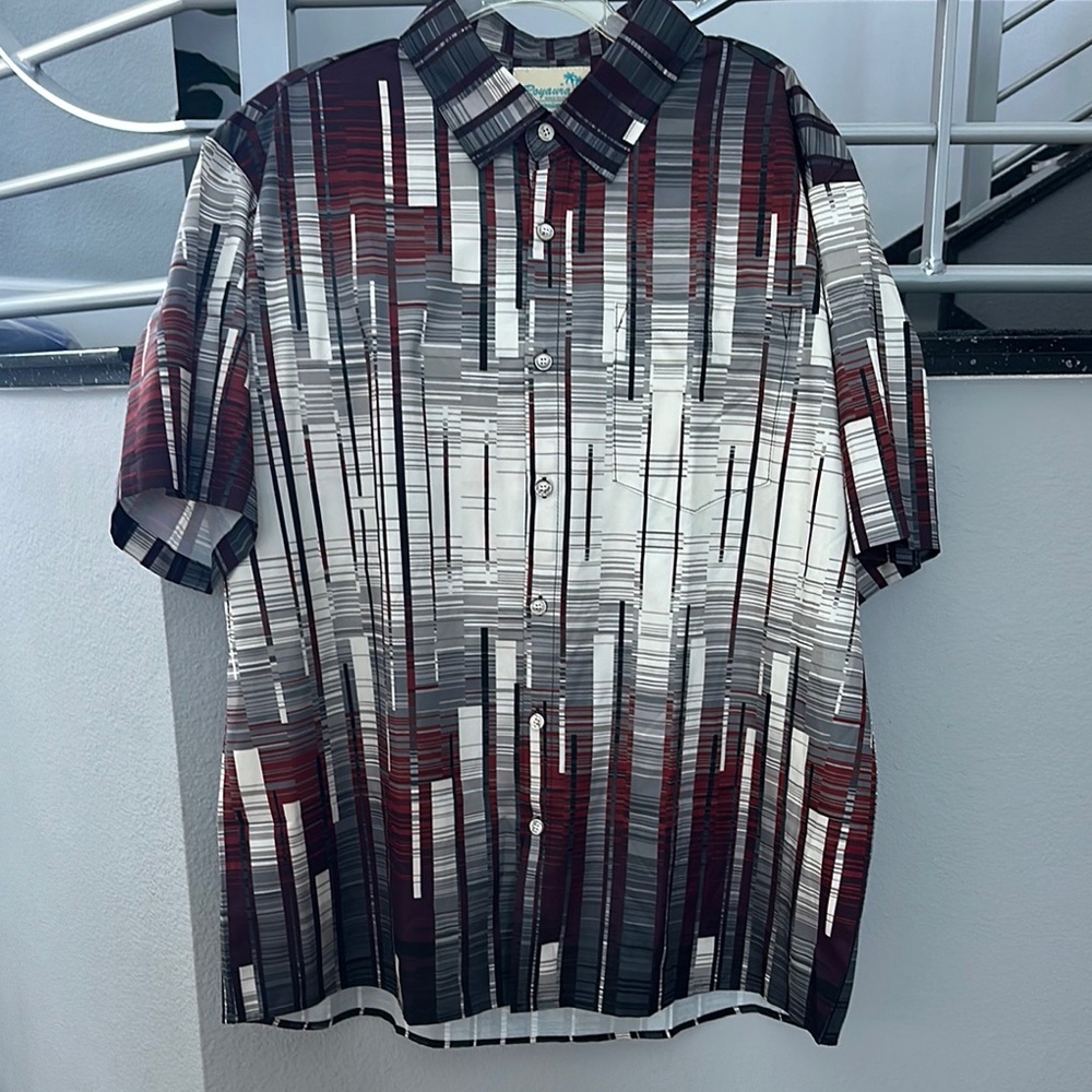 Royaura Red and Gray Casual Button Down Shirt with Modern Stripes